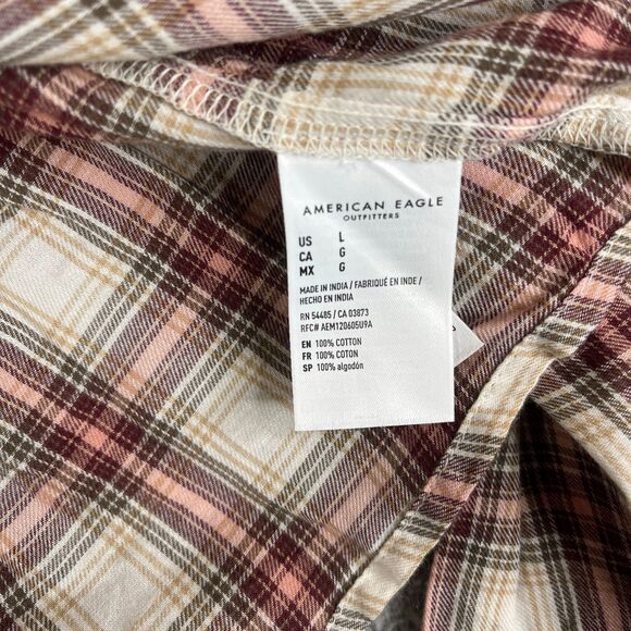 American Eagle Blouse Women Large Red Pink Plaid Peplum Tunic Waist Tie Bell Top - Picture 6 of 11